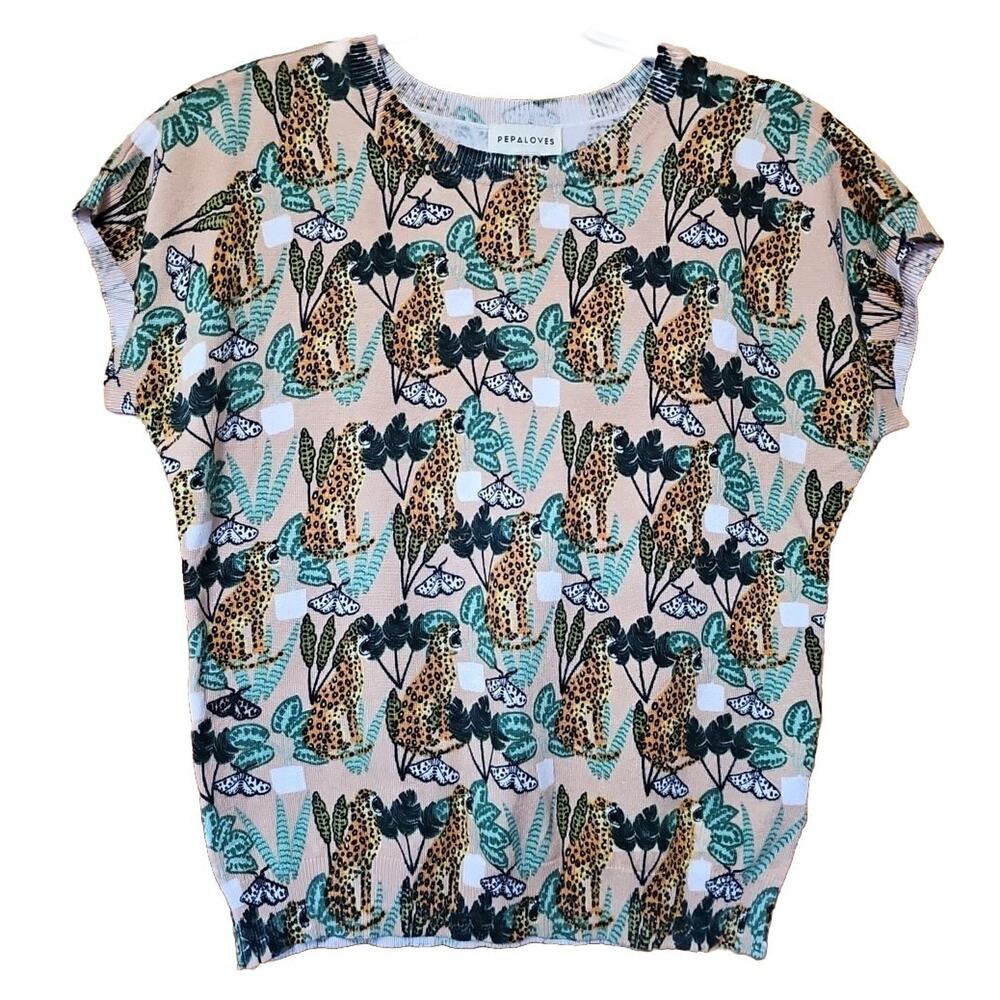 Anthropologie Pepaloves Feline Jungle Short Sleeve Sweater Top Sz XS